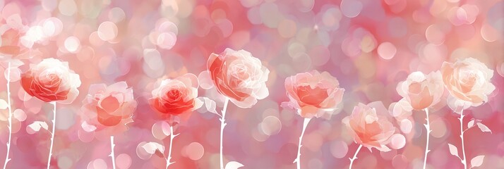 A dreamy romantic background featuring soft pink roses with delicate translucent petals and glowing bokeh lights, ideal for Valentine’s Day designs, wedding invitations, and love-themed banner.