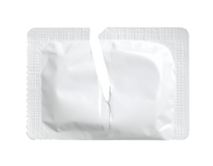 Torn white foil packet wrapper ripped open down the middle on isolated background