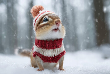 Chipmunk winter snow knit sweater red white cute forest wildlife Cozy chipmunk red white knit