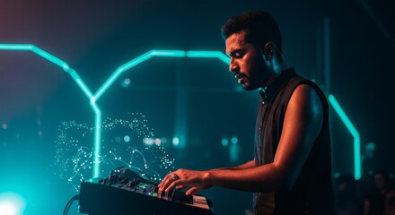 Man playing keyboard synthesizer on stage with glowing lines and particle effects. Live music performance in a nightclub or concert hall. Creative light show concept.