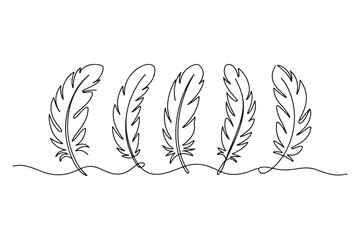 Minimal feather collection single line art illustration on white background
