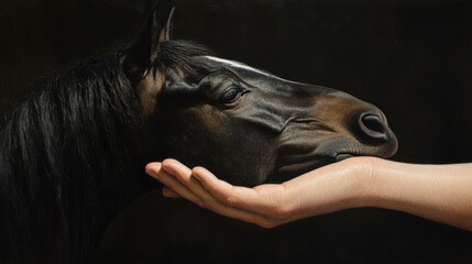 Horse face resting gently on a human hand 