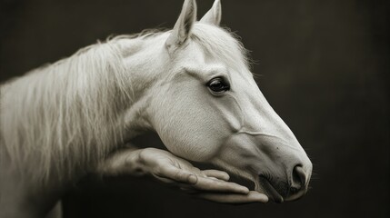 Horse face resting gently on a human hand 