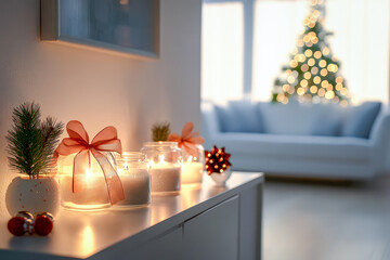 Christmas simple living room in warm perspective long shot with glowing tree, cozy decor, soft lights and festive calm mood perfect for holiday visuals