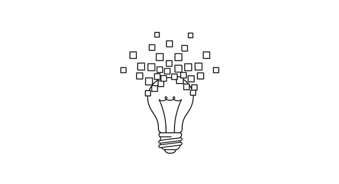 A minimalist line art illustration of a lightbulb with digital squares exploding from its top, symbolizing innovation and ideas.