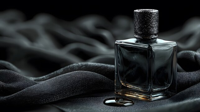 Elegant, minimalist black perfume bottle rests on luxurious, flowing black silk fabric, creating a sophisticated and mysterious product shot.