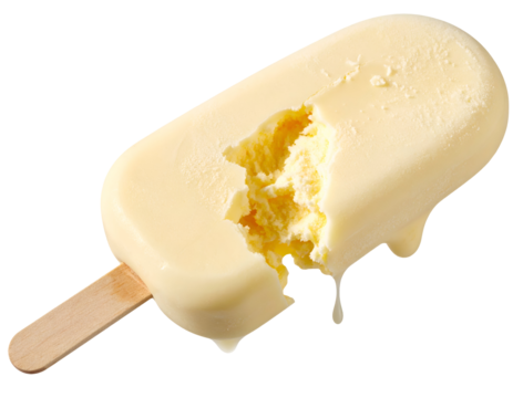 Vanilla ice cream bar on wooden stick with big bite taken out and melting drip on isolated background