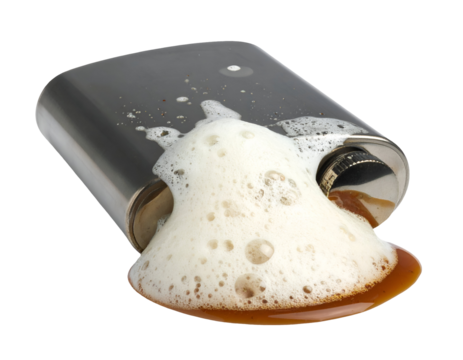Stainless steel hip flask lying on its side with foamy alcoholic drink overflowing and spilling on isolated background