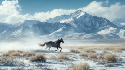 Horse galloping beside snowy mountain range