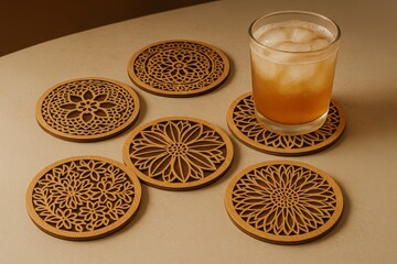 Glass of iced tea on wooden coasters with floral laser cut pattern, natural home decor and handmade eco design concept.