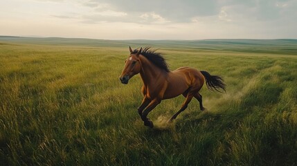 Obraz premium Horse galloping freely across green grassland 