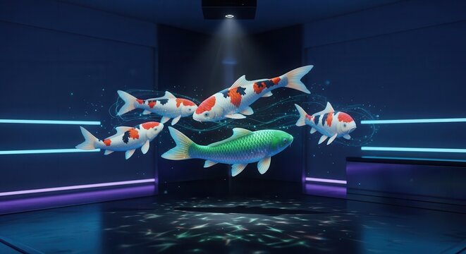 Digital fish materialize as luminous holographic projections within a dark futuristic interior space