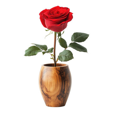 Beautiful red rose in an elegant wooden vase on transparent background