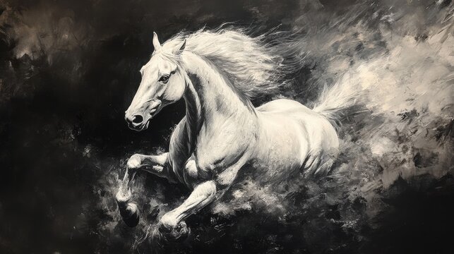 Horse in full gallop, mane blowing in wind 