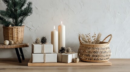 Festive Christmas gifts and candles with rustic decor cozy holiday scene for seasonal greetings and warm wishes on a wooden table