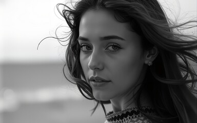 Young woman with windblown hair in a stylized black and white portrait. High quality