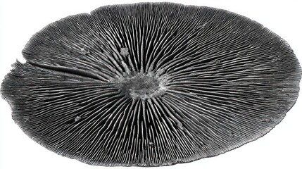 Fototapeta premium Underside of a mushroom cap with radiating gills against a stark white background