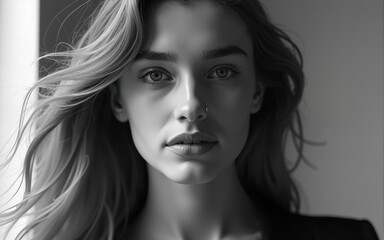 Young woman with windblown hair in a stylized black and white portrait. High quality