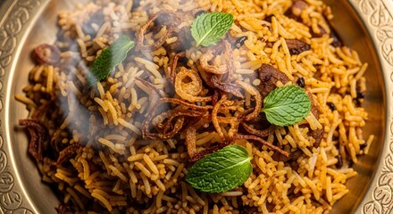 Delicious steaming biryani with fried onions and mint, a flavorful culinary delight that will transport you to India with every tasty bite