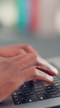 Hands, research and typing with keyboard in office for news report, media and article publication. Bokeh, person or planning with laptop in workplace for online blog, journalism or story development.