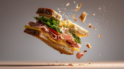A sandwich levitating with visible ham cheese lettuce and tomato with bread crumbs scattered around it