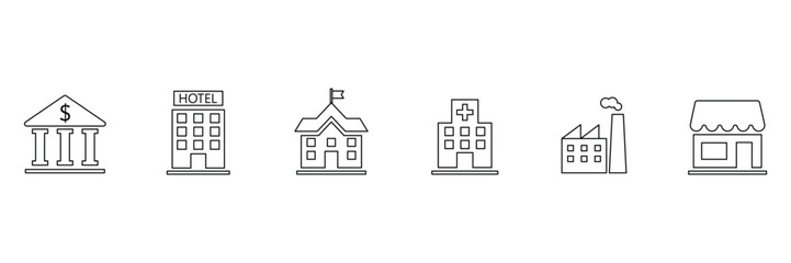 Building flat line icons. Flat vector icon set of residential buildings including bank, shop, hotel, school, hospital, factory. Vector illustration.