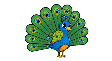 Cute cartoon peacock bird with vibrant blue and green feathers displaying its tail isolated on a white background mascot