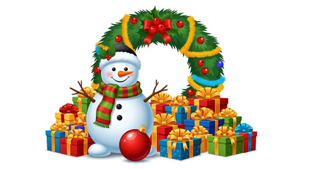 Smiling snowman with christmas wreath and gifts on a snowy background holiday greeting scene
