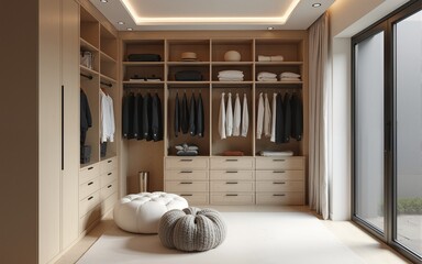 Modern Minimalist Walk In Closet Design With Neutral Tones. High quality