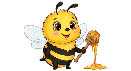 Adorable cartoon bee mascot character holding a honey dipper and jar of honey sweet insect illustration