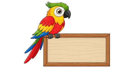 Colorful cartoon parrot or macaw bird perched on a blank wooden sign board tropical animal mascot