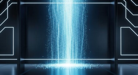Bright blue particle stream descends within a dark, futuristic environment illuminated by neon outlines