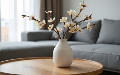 Close up of ceramic vase with blossom twigs on round wooden coffee table against grey sofa and window. Minimalist home interior design of modern living room. High quality