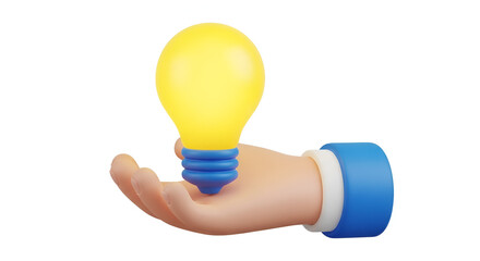 3d render hand holding a glowing yellow light bulb icon symbolizing idea solution innovation and creativity