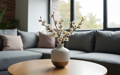 Close up of ceramic vase with blossom twigs on round wooden coffee table against grey sofa and window. Minimalist home interior design of modern living room. High quality