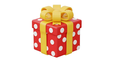 Red gift box with white polka dots and large yellow ribbon bow wrapped present 3d render