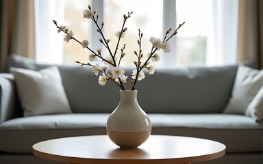 Close up of ceramic vase with blossom twigs on round wooden coffee table against grey sofa and window. Minimalist home interior design of modern living room. High quality