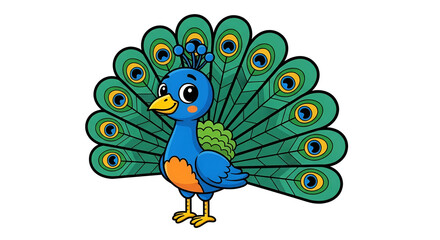 Cute cartoon peacock bird with vibrant blue and green feathers displaying its tail illustrated mascot