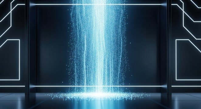 Bright blue particle stream descends within a dark, futuristic environment illuminated by neon outlines