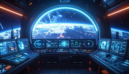 Cybernetic telecommunication control center, holographic dashboards, AI-driven antennas, energy pulses traveling through massive sky arcs, dark tech theme with neon accents"