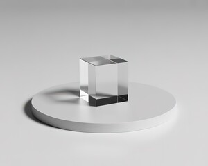 Clear Glass Cube on White Circular Platform with Shadow transparent geometric