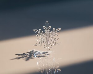 Close-up of a clear glass snowflake with intricate details and shadow crystal