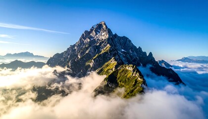 Majestic, jagged mountain peak piercing through a sea of fluffy clouds under a bright, blue sky