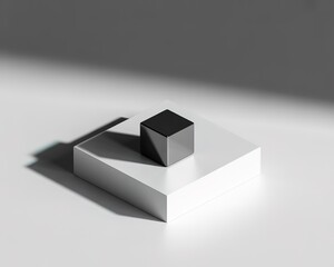 Dark Cube Centered On White Square Pedestal With Shadow geometric object