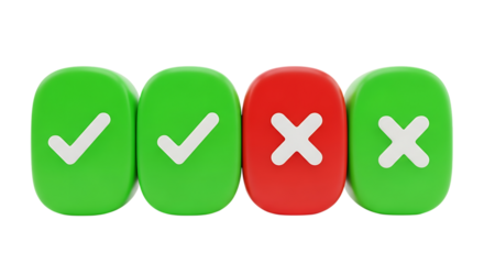 Four rounded square buttons with check and cross icons on transparent background