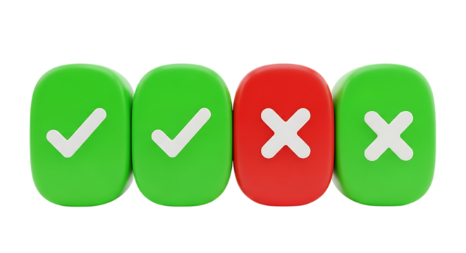 Four rounded square buttons with check and cross icons on transparent background - Powered by Adobe