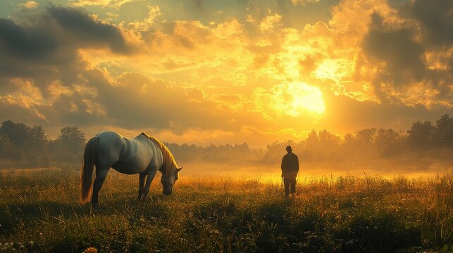Man standing by a grazing horse, peaceful atmosphere 