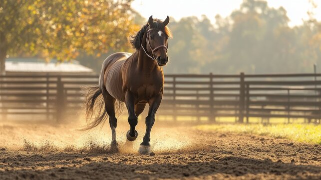 Man training his horse in fenced corral