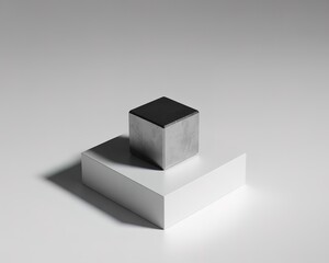 Metal Cube Perched On White Geometric Step With Shadow image photo