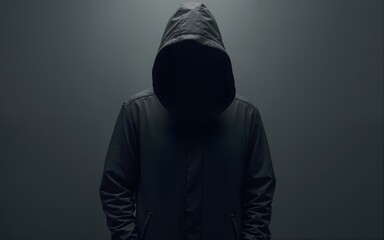 Mysterious figure in dark hooded jacket minimalist backdrop sleek design cool tones. High quality